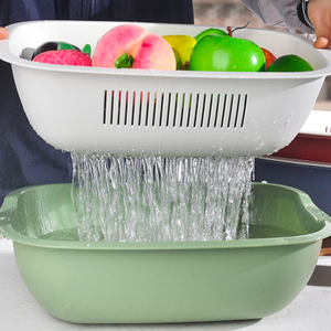 Plastic Rectangle Double Layer Vegetable And Fruit Wash Basket for Kitchen